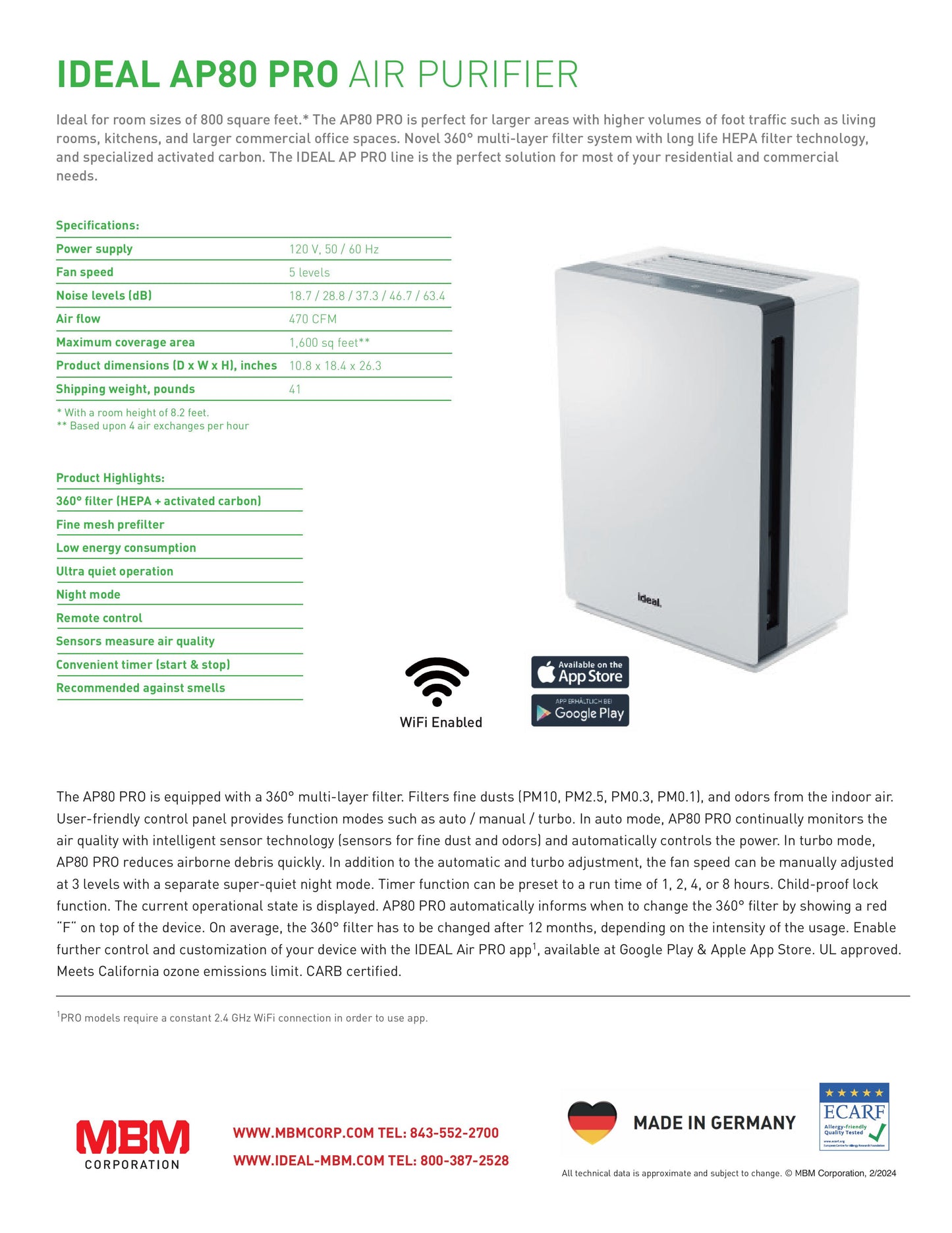 IDEAL AP80 Pro Indoor True Hepa Air Purifier - 1,600 sq. ft. Coverage