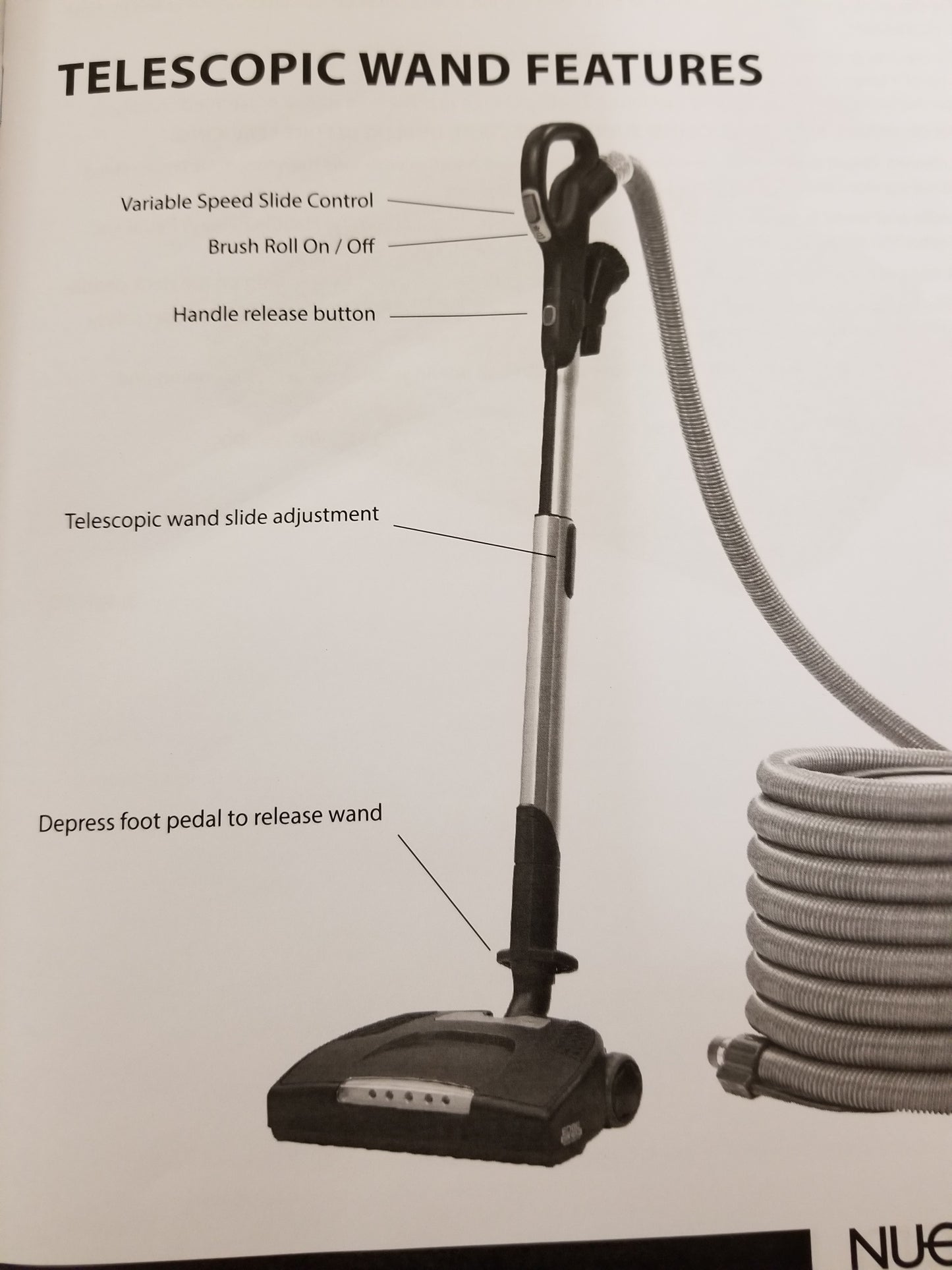 Variable speed slide control, Brush roll on/off,  handle release button, telescopic wand adjustment, depress foot pedal to release wand