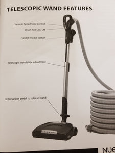 Variable speed slide control, Brush roll on/off,  handle release button, telescopic wand adjustment, depress foot pedal to release wand